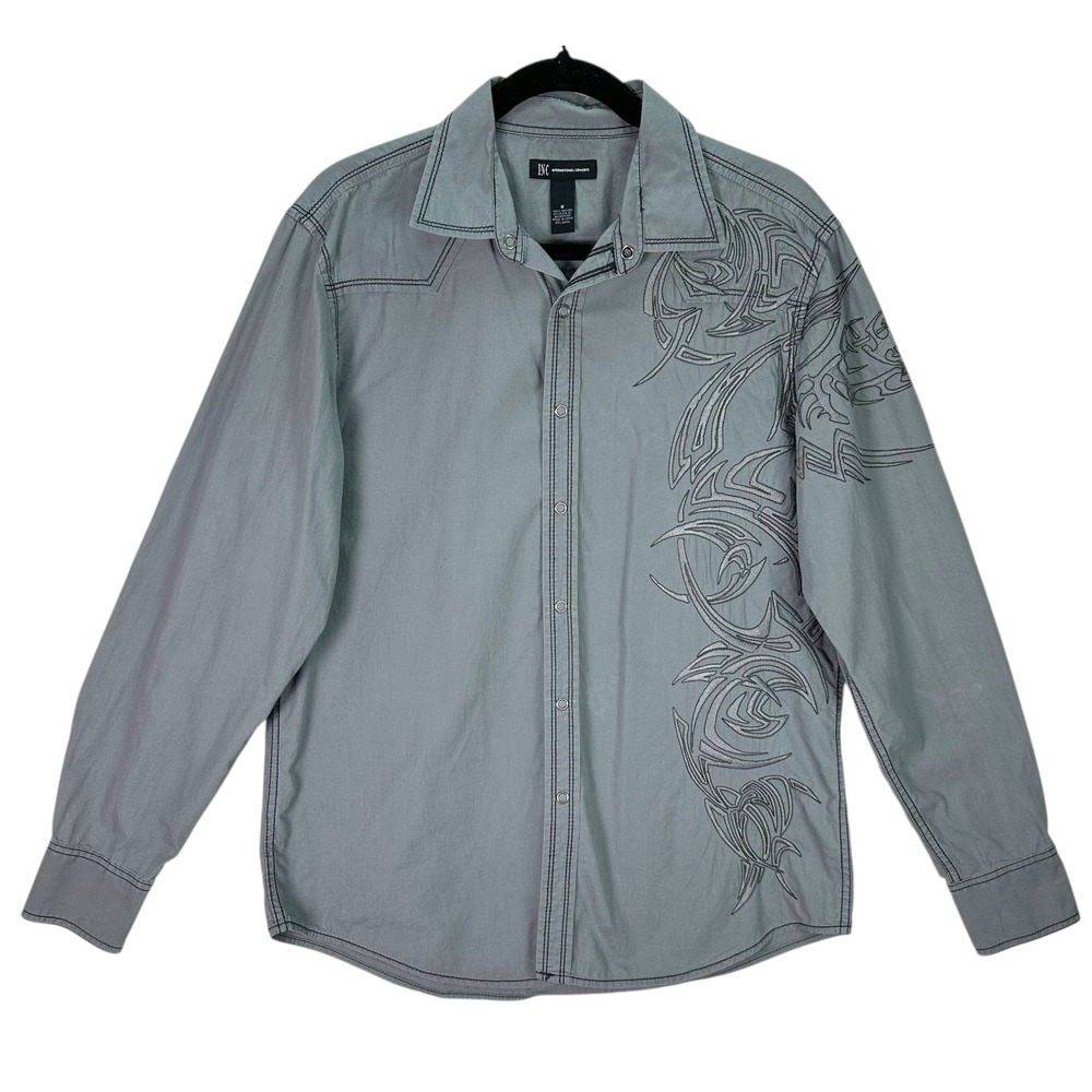 INC International Concepts Mens Grey Tribal Embroidered Snap Front Shirt Medium